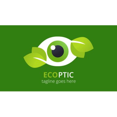 Yeşil arka planda Eko-Göz logosu. Vektör tasarım şablonu. Optik bakım logosu kavramı