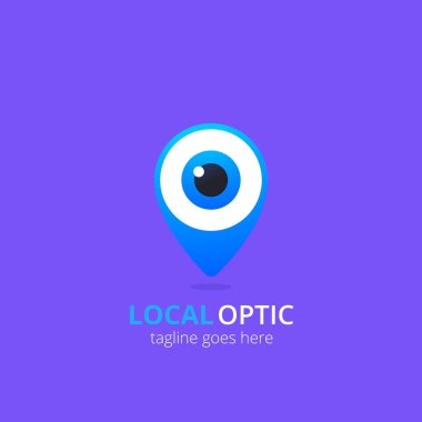 Menekşe arkaplanda göz logosu. Vektör tasarım şablonu. Yerel optik logoti. Coğrafi broşlu logogramlar