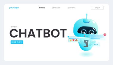 İniş sayfası şablonunda bir yardımcı robot. Bir web sayfası için teknik destek tasarımı. Sanal yardım sitesi. Vektör çizgi film illüstrasyonu