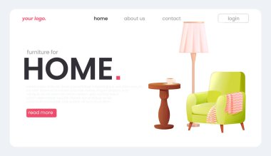 Mobilya mağazasının iniş sayfası. Koltuklu beyaz pankart, bir lamba ve bir fincan çayla birlikte bir sehpa. Bir vektör karikatür çizimi.