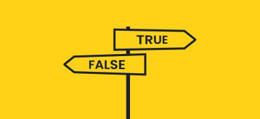 Yol ayrımındaki siyah işaret direği. Gerçek ya da yanlış. Sarı arkaplan ile vektör pankartı