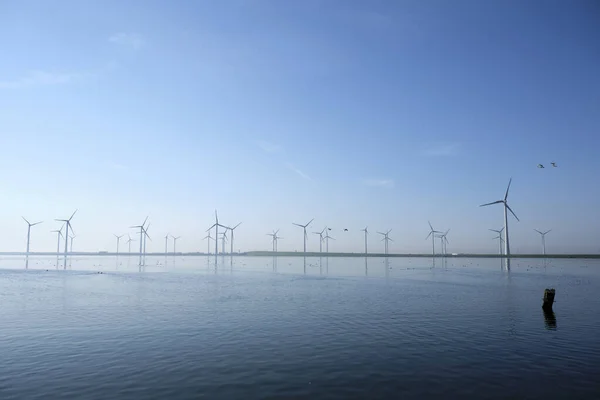 Horizontal View Tall Wind Turbines Dike Blue Evening Sky Clean — Stock Photo, Image