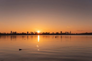 Kralingse Plas 'tan (Kralingen Gölü) görüleceği gibi Rotterdam ufuk çizgisinde gün batımı gölün durgun sularına yansıyan renkli gökyüzü