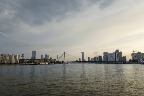 Miasto Rotterdam Centrum Miasta Zmierzchu Południowej Holandii Holandia Erasmus Bridge — Zdjęcie stockowe