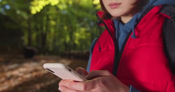 Крупним планом портрет жінки в червоному спортивному вбранні, що стоїть в лісі, дивлячись на телефон, читаючи повідомлення, переглядаючи веб-сторінки, друкуючи, спілкуючись і посміхаючись на сонячному світлі. Концепція людей, що подорожують на природі . — стокове відео
