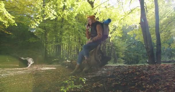 Plano medio de mochilero masculino guapo sentado relajándose en el bosque de verano y hablando con un teléfono inteligente. Concepto de estilo de vida. Hombre excursionista usando el teléfono móvil en el bosque. Personas que viajan en la naturaleza. — Vídeo de stock