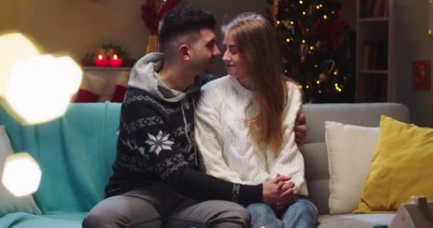 Крупним планом щаслива пара чоловік і дружина сидять на дивані, тримаючись за руки, цілуються, дивлячись на камеру і посміхаючись у вітальні. Концепція сімейних свят, ідеальні стосунки в різдвяний час . — стокове відео