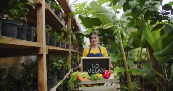 Middle shot of charming blonde woman standing in greenhouse behind box with vegetables, holding wooden sign go vegan on board, showing to camera and smiling. Hobby farming concept. Camera moves — Stock Video