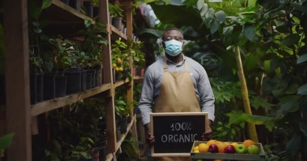 Primo piano di biologo afroamericano in occhiali e maschera medica in piedi in serra. Uomo che tiene segno di legno organico, guardando alla fotocamera accanto alla scatola con frutta in serra. — Video Stock