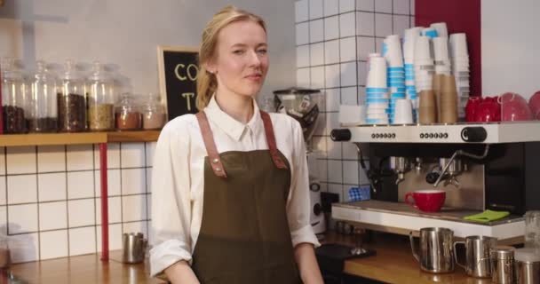 Retrato de una hermosa empleada caucásica que trabaja en una cafetería. Joven camarera de pie detrás de la barra, mirando a la cámara y sonriendo. Profesión, negocio, concepto de trabajo a tiempo parcial. — Vídeos de Stock