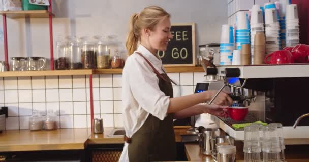 Πορτρέτο του επαγγελματία γυναίκα barista που εργάζονται στο σύγχρονο αστικό καφέ μπαρ. Νεαρή λευκή γυναίκα φτιάχνει καφέ, πίνει καφέ, κοιτάει την κάμερα και χαμογελάει στο καφέ. Επιχειρηματική έννοια. — Αρχείο Βίντεο