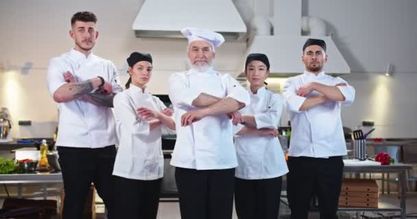 Tim dari berbagai ras profesional koki pria dan wanita yang berbeda berdiri bersama di dapur restoran melihat ke kamera. Kelompok koki di tempat kerja setelah hari kerja. Konsep kuliner — Stok Video