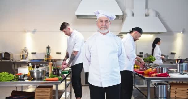 Experimentado caucásico senior gris de pelo masculino chef de pie en la cocina del restaurante mirando a la cámara, mientras que su equipo de jóvenes cocineros profesionales masculinos y femeninos que trabajan detrás de la preparación de alimentos concepto de trabajo — Vídeos de Stock