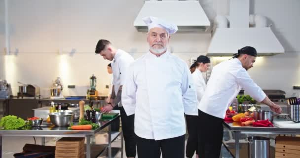 Stary kaukaski starszy kucharz w kapeluszu stoi w słynnej kuchni restauracji patrząc przed kamerą, podczas gdy jego zespół młodych profesjonalnych kucharzy męskich i żeńskich pracuje przygotowując posiłki, praca kulinarna — Wideo stockowe