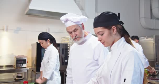 Zbliżenie doświadczony słynny starszy kaukaski szef kuchni przygotowuje jedzenie w kuchni restauracji i rozmawia z uczennicą kuchni żeńskiej nauczania gotować przygotować posiłek. Proces pracy, koncepcja gotowania — Wideo stockowe