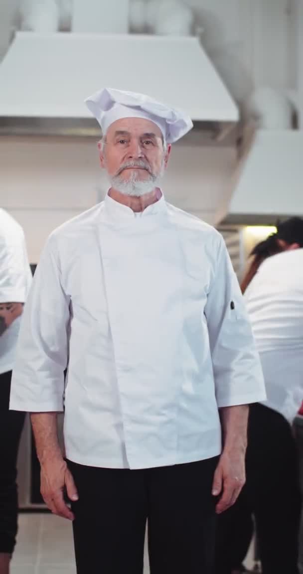 Vertikální orientace video Kavkazského důchodce profesionální kuchař v šéfkuchař klobouk při pohledu na kameru v dobré náladě stojící v restauraci v práci. Šéf v kuchyni. Koncept vaření — Stock video