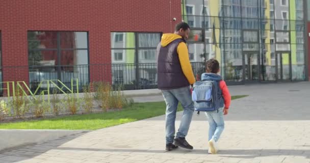 Parte trasera de los padres varones afroamericanos felices caminando por la calle mientras traen a su pequeño y lindo hijo a la escuela. Padre cariñoso con estudiante junior shool con mochila caminar a la escuela al aire libre. Concepto de conocimiento — Vídeos de Stock