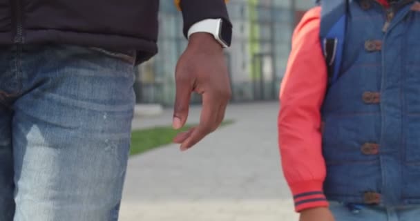 Feche a foto do pai afro-americano segurando a mão de um filho enquanto caminhava depois da escola. Pequeno estudante bonito de mãos dadas com o pai enquanto vai na rua. Relações familiares amorosas e carinhosas — Vídeo de Stock