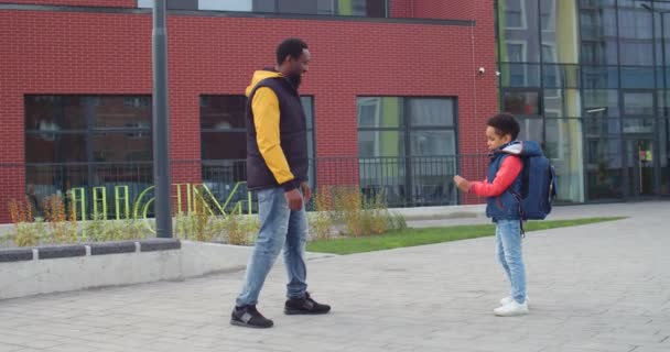 Joyeux papa afro-américain aimant bavarder avec mignon petit fils en plein air devant l'école. Joyeux écolier parlant à son père et souriant de bonne humeur. Relations père-fils. Concept d'école primaire — Video