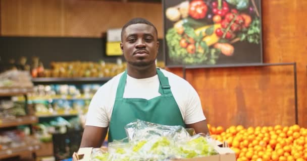 Çekici Afro-Amerikalı adamın portresi tezgahın arkasında meyve ve sebzelerle duruyor. Önlüklü genç adam marketteki kameraya bakıyor. Ticaret, iş, alışveriş konsepti. — Stok video