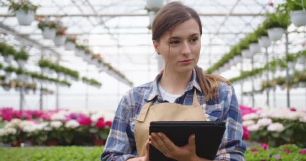 温室内を歩いている自分の花屋で働く白人の若い幸せな女性の花屋の閉鎖し、オンラインでタブレットのブラウジングを入力します。花屋のオーナー。ガーデンセンター、小規模ビジネスコンセプト — ストック動画