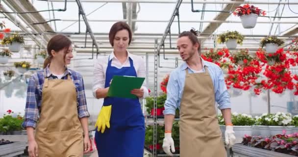 Portrait of joyful positive Caucasian young female and male employees walking in greenhouse at work and speaking doing inventory checking plants Gardeners in aprons in plant shop Floral store business — Stok video