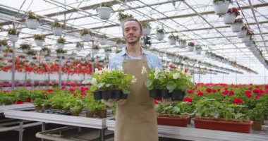Cheerful handsome Caucasian young guy salesman in apron standing in garden center holding in hands pot with flower plants, looking at camera and smiling. Greenhouse gardener, floral industry concept
