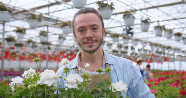 Primer plano del hermoso caucásico alegre joven jardinero masculino de pie en su propia tienda floral sosteniendo maceta con plantas de flores mirando a la cámara con sonrisa en la cara. Invernadero, concepto de negocio floral — Vídeos de Stock