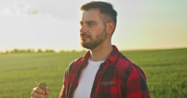 Kafkas sakallı bahçıvanın tarlayı incelediği ve gün batımında yeşil tarlaya bakan portre görüntüsü. Sera uzmanı, tarım ve biyo tarım konsepti