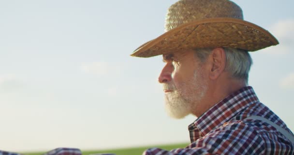 Sluiten van de senior Kaukasische goed uitziende wijze man boer met een hoed kijken naar het veld, draaien gezicht naar de camera en het analyseren van de oogst. Landbouwconcept — Stockvideo