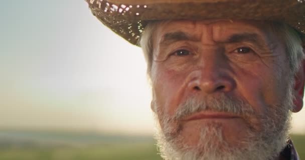 Landbouw. Senior boer gezicht portret in het veld bij de oogst. Agrarische landbouw een oogstconcept. Landbouwers die rusten tijdens de bewerking bij de oogst — Stockvideo