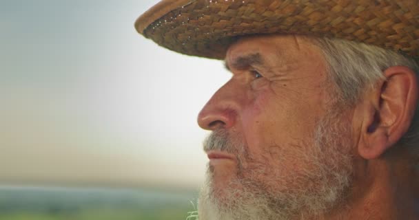 Portret van een blanke senior boer met hoed en kijkend naar de camera op het veld. Landschapslandbouw bij zonsondergang. Farmland en zonsondergang hemel concept — Stockvideo