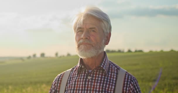 Portret van de blanke professionele senior gelukkige boer met hoed in de achtertuin van de biologische boerderij en glimlachend van vreugde. Begrip landbouwbedrijf en landbouw — Stockvideo