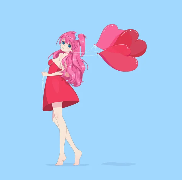 Anime Manga Dziewczyna Lekkiej Sukience Posiada Balony Kształcie Serca Walentynki — Wektor stockowy