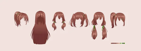 Anime Manga Kapsels Geïsoleerde Brunette Haar Set — Stockvector