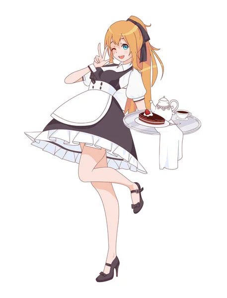 Anime Manga Flicka Klädd Som Piga Servitris Med Låda Godis — Stock vektor
