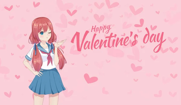 Anime Manga Uczennica Marynarskim Garniturze Wysłać Pocałunki Powietrza Walentynkowa Kartka — Wektor stockowy