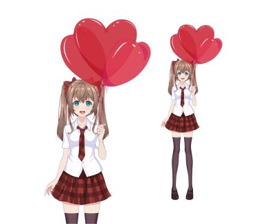 Anime manga girl in a red skirt and white blouse are holding heart-shaped balloons. Vector illustration clipart