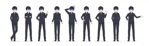 Menino Mangá Anime Uniforme Escola Preta Várias Poses Emoções Ilustração — Vetor de Stock