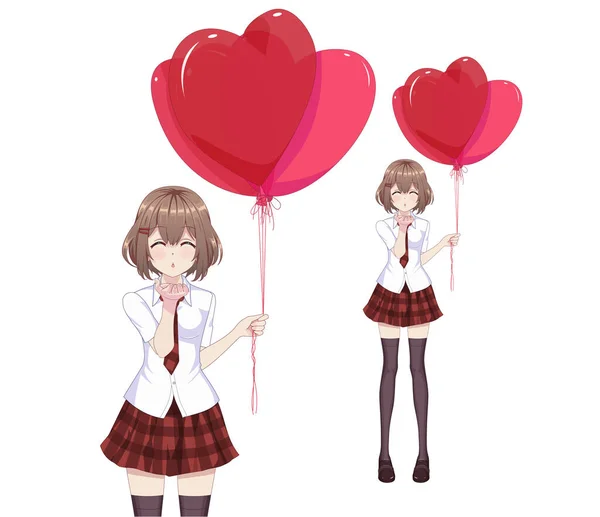 身穿红色短裙和白衬衫的模拟漫画女郎拿着心形气球 矢量说明 — 图库矢量图片