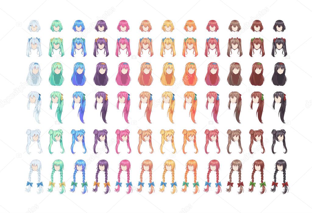 Anime manga hairstyles. Isolated multicolored hair set