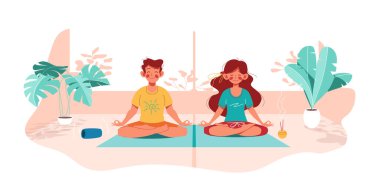 Fitness at home. Girl and boy do yoga in lotus pose