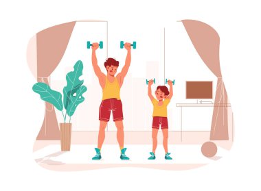 Fitness at home. Father and his son do sports together, lifting dumbbells. Coach teaches boy