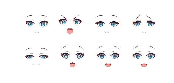Anime Mangá Expressões Olhos Definir Necko Gato Menina Estilo Cartoon — Vetor de Stock
