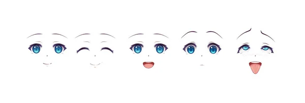 Аниме Манга Выражения Глаза Установить Девушка Японский Стиль Мультфильма — стоковый вектор
