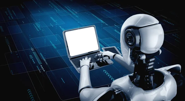 Robot uso humanoide portátil y sentarse en la mesa en la oficina futura —  Fotos de Stock
