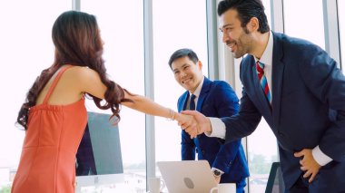 İş görüşmesinde iş arayan ve yönetici el sıkışması