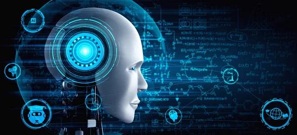 Robot humanoid ansikte närbild med grafiska begreppet ingenjörsvetenskap studie — Stockfoto