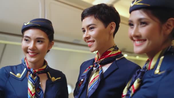 Group of cabin crew or air hostess in airplane — Stock Video