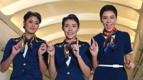 Cabin crew dancing with joy in airplane — Stock Video